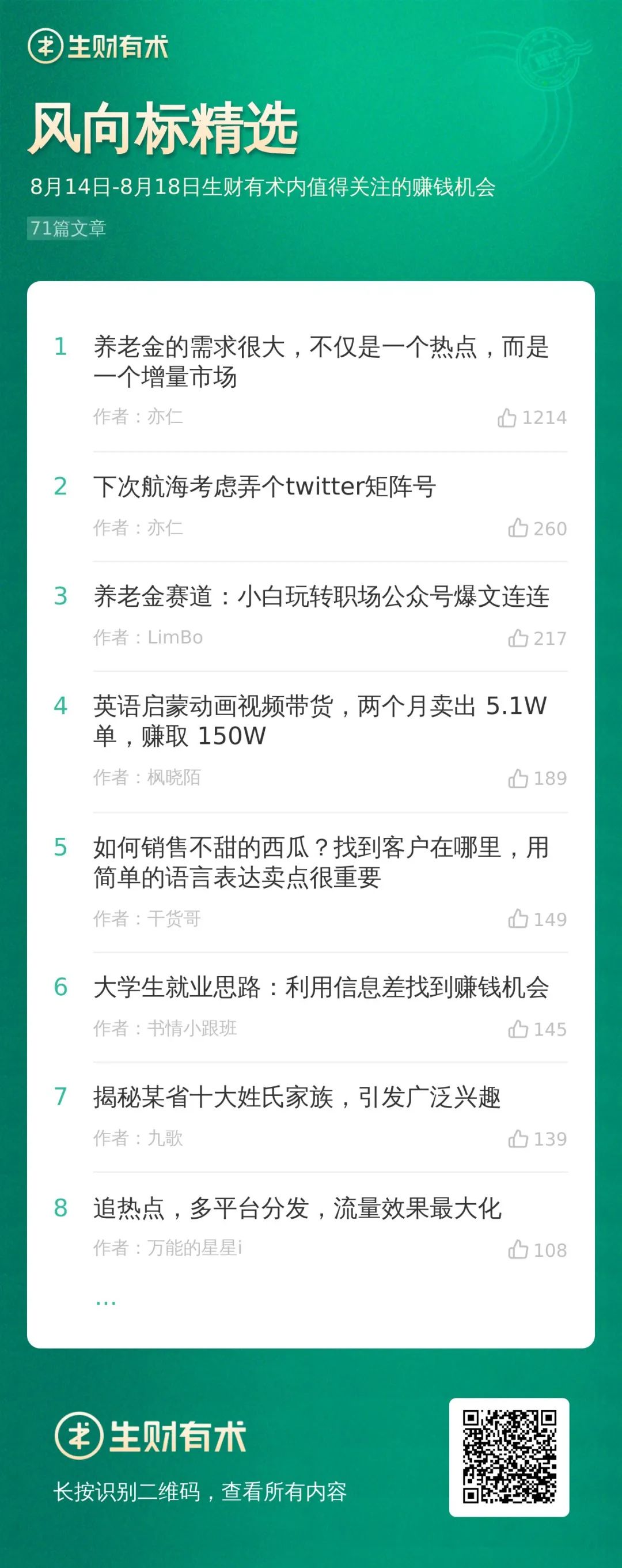 养老金除了是热点，也是增量市场；靠视频号投放赚了30万；七夕摆摊实战攻略 | 生财周报